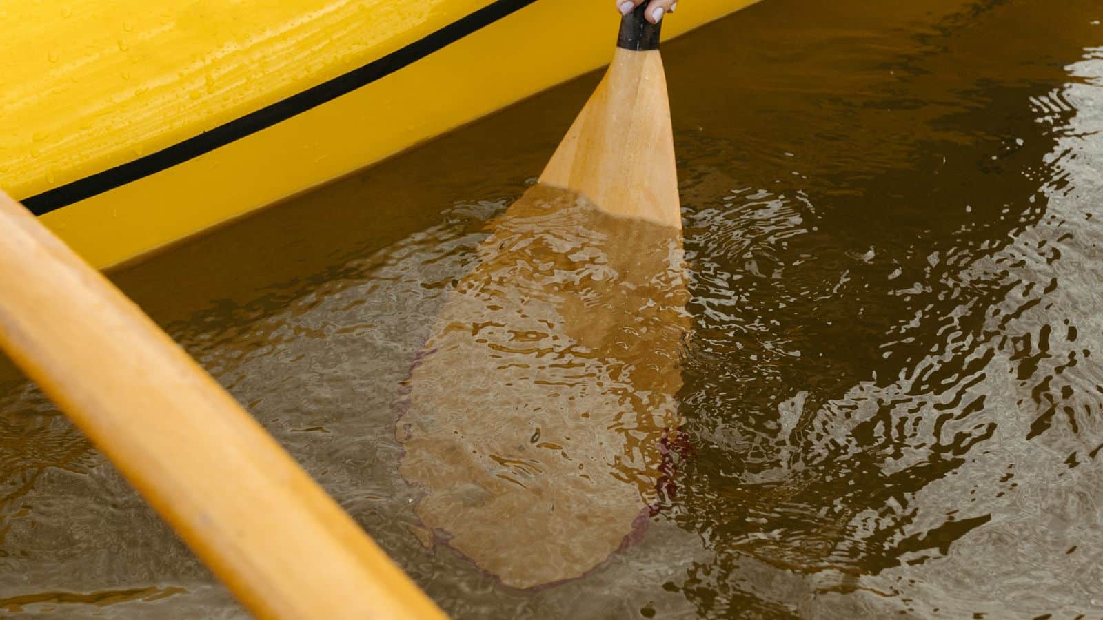 A kayaker paddling on calm open water